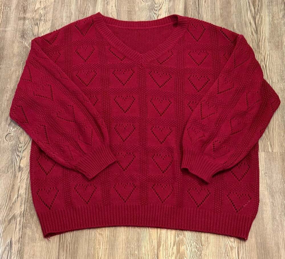 BloomChic Red Heart Pattern Pointelle Knit V-Neck Pullover Sweater US 14-16